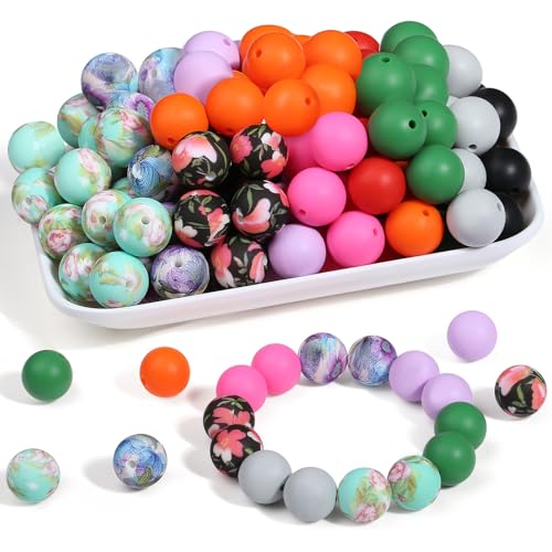 Sahoottie 15mm Silikonperlen zum Auffädeln Mehrfarbig Blumendruck Perlen für Armbänder Selber Machen Schlüsselanhänger Stifte Armband DIY Bastelperlen 10 Farben 70 Stück von Sahoottie