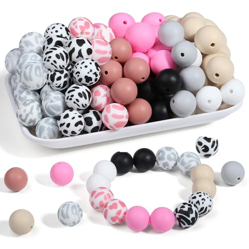 Sahoottie 15mm Silikonperlen zum Auffädeln Mehrfarbig Kuh Druck Perlen für Armbänder Selber Machen Schlüsselanhänger Stifte Armband DIY Bastelperlen 9 Farben 70 Stück von Sahoottie