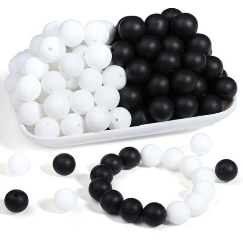 Sahoottie 15mm Silikonperlen zum Auffädeln Weiß Schwarz Perlen für Armbänder Selber Machen Schlüsselanhänger Stifte Armband DIY Bastelperlen 2 Farben 70 Stück von Sahoottie