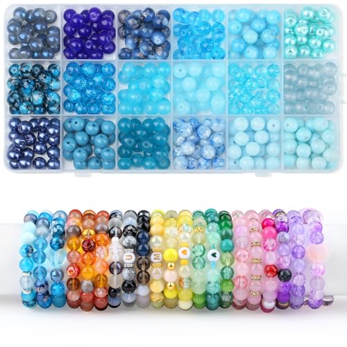 Sahoottie 8mm Glasperlen Blau Perlen Blaue Glasperlen zum Auffädeln Runde Perlen Groß Glasperlen für Armbänder Schmuck Basteln DIY Set 360 Stück (18 Blautöne) von Sahoottie