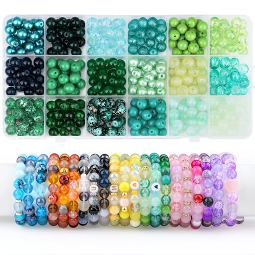 Sahoottie 8mm Glasperlen Grün Perlen Grüne Glasperlen zum Auffädeln Runde Perlen Groß Glasperlen für Armbänder Schmuck Basteln DIY Set 360 Stück (18 Grüntöne) von Sahoottie