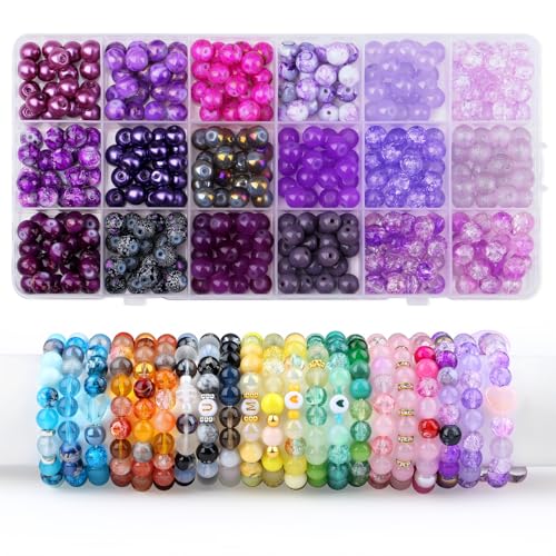 Sahoottie 8mm Glasperlen Lila Perlen Lila Glasperlen zum Auffädeln Runde Perlen Groß Glasperlen für Armbänder Schmuck Basteln DIY Set 360 Stück (18 Lilatöne) von Sahoottie