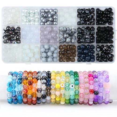 Sahoottie 8mm Glasperlen Schwarz Perlen Schwarze Glasperlen zum Auffädeln Runde Perlen Groß Glasperlen für Armbänder Schmuck Basteln DIY Set 360 Stück (18 Schwarztöne) von Sahoottie