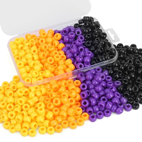 Sahoottie Halloween Pony Beads 500 Stück 6 x 9 mm Schwarz Dunkelorange Hellorange Lila Pony Perlen für Armbänder Zöpfe Haarperlen Basteln Party Dekoration Bunte Perlen zum Auffädeln von Sahoottie