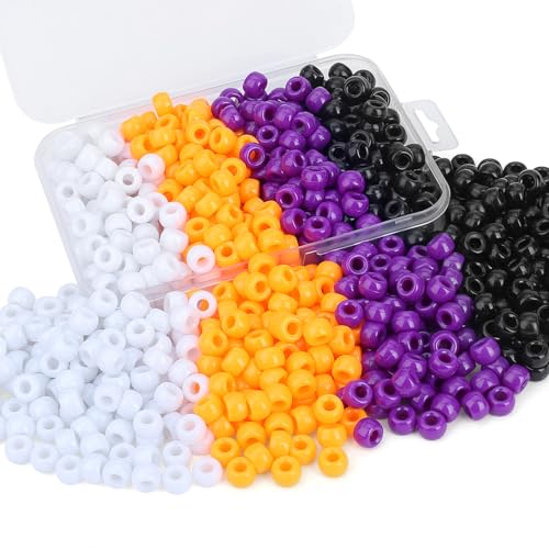 Sahoottie Halloween Pony Beads 500 Stück 6 x 9 mm Schwarz Weiß Dunkelorange Lila Pony Perlen für Armbänder Zöpfe Haarperlen Basteln Party Dekoration Bunte Perlen zum Auffädeln von Sahoottie