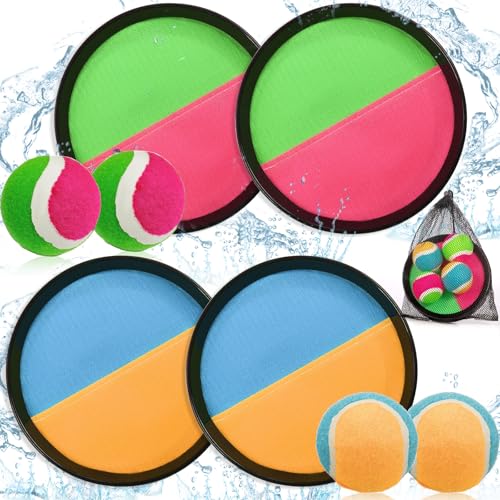SaiXuan Toss-und-Fang-Set, Klettballspiel für Kinder ab 3 Jahre – 4 Fangscheiben & 4 Klettbälle im Netzbeutel für Draußen & Drinnen, Outdoor Spielzeug für Garten, Strand, Geburtstag, Sommeraktivitäten von SaiXuan