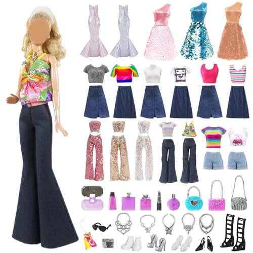 32 Stück Puppen Kleidung & Zubehör Set, 11.5 Zoll puppenkleidung Kit mit Hosenträger Oberteile Jeans Paillettenkleidung Kleider Schuhe Taschen Halskettenzubehör für Puppe Spielzeug Geschenk von Saier tbo