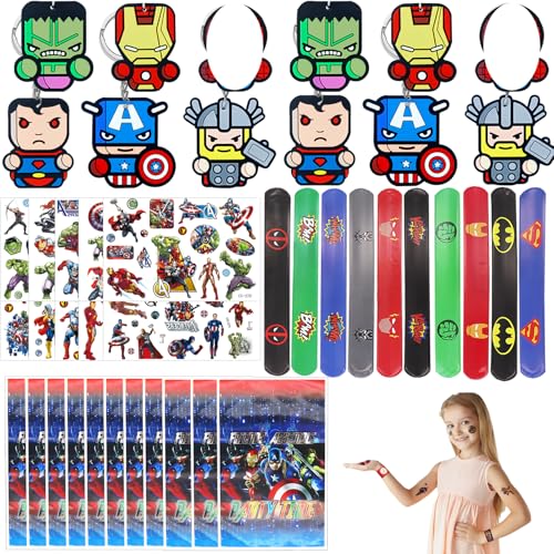 42 Stück Superheld Party Gastgeschenke Kinder, Kindergeburtstag Party Mitgebsel Set mit Schlüsselanhänger Schnapparmbänder Geschenktüten Tattoo Aufkleber Give Aways Partygeschenk für Jungen Mädchen von Saier tbo