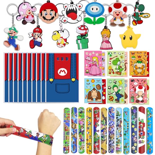 46 Stück Mario Party Gastgeschenke Kinder, Kindergeburtstag Party Mitgebsel Set mit Schlüsselanhänger Schnapparmbänder Geschenktüten Tattoo Aufkleber Give Aways Partygeschenk für Jungen Mädchen (46) von Saier tbo