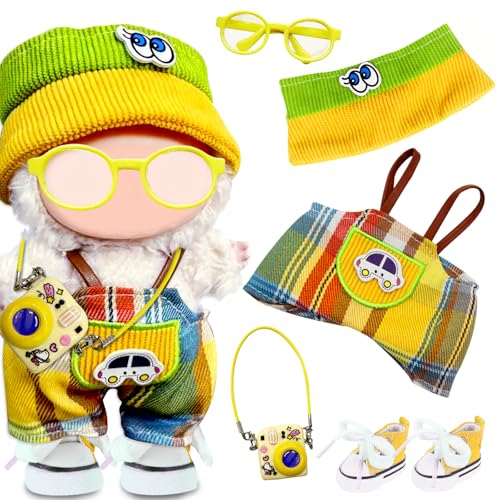 5 Stück Kleidung für 17 cm Plüschpuppen, niedliches Mini-Kleidungszubehör-Set für Puppen mit Hut, Overall, Brille, Kamera-Rucksack, Schuhe für Jungen und Mädchen, Geschenke (keine Puppe) von Saier tbo