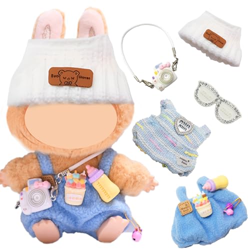 5 Stück Kleidung für Puppe, 17 cm Puppenkleidung Zubehör mit Blauem Overall Weißer Bärenmütze Mini Kamera Rucksack Brillenhaarnadel Geeignet für Jungen Mädchen Geschenk (Ohne Puppe) von Saier tbo