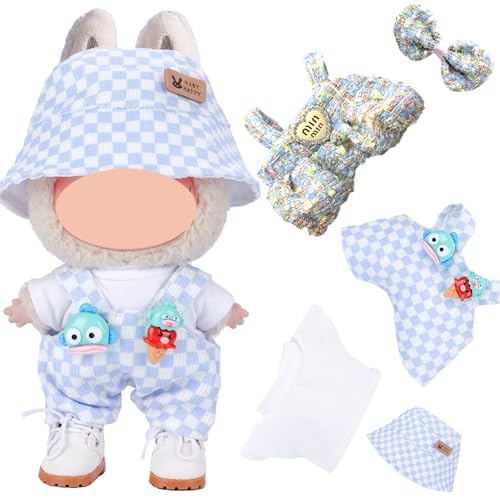 5 Stück Kleidung für Puppe, 17 cm Puppenkleidung Zubehör mit Karierter Hut Weißes Oberteil Overall Haarnadel mit Schleife für Jungen Mädchen Geschenk (Ohne Puppe) von Saier tbo