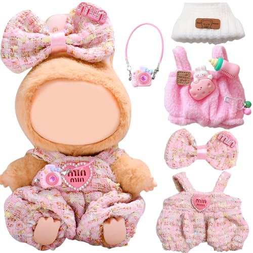 5 Stück Kleidung für Labubu Puppe, 17 cm Puppenkleidung Zubehör mit Rosa Overall Weiße Bärenmütze Miniatur-Kamerarucksack Haarspange mit Schleife für Jungen Mädchen Geschenke (Ohne Puppe) von Saier tbo
