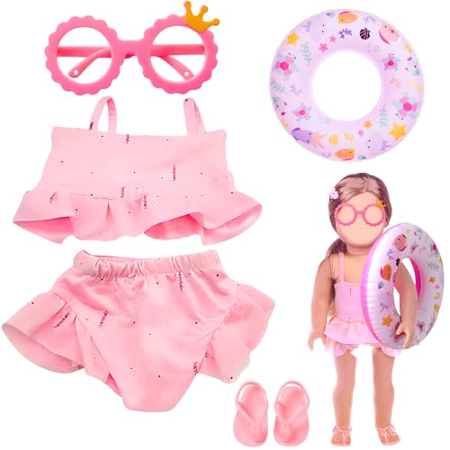 5 Stück Schwimm Set für Puppen, Rosa Sommer Puppenzubehör Set mit Puppen Badeanzug Badehose Schwimmring Brille Sandalen für 35-45 cm Schwimmpuppe (Ohne Puppe) von Saier tbo