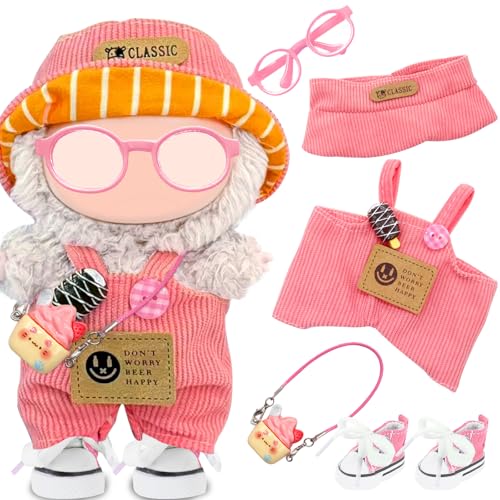 Kleidung und Zubehör für 17 cm große Puppen, inklusive Hut, Overall, Brille, Kamera-Rucksack, Schuhe für Mädchen, Kindergeburtstag, 5 Stück (keine Puppe) von Saier tbo