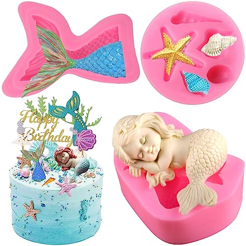 Saijer Meerjungfrau Silikonform,3D Simulation Meerjungfrau Schimmel Meerestiere Fondant Formen Clownfisch Seestern Muschel für Backen Schokolade Kuchen Süßigkeiten Seifen Eiswürfel Kerze(3 Pcs) von Saijer