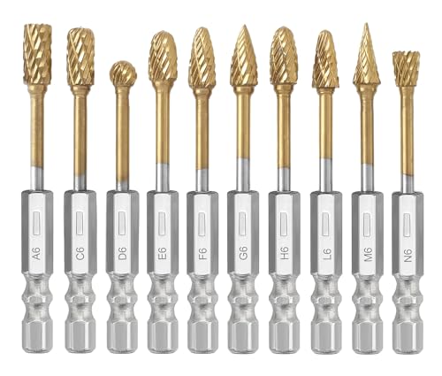 Saipor 10-teiliges Titan-Wolframkarbid-Frässtift-Set für Schneideisen-Bits, 6,35 mm Schnellwechselschaft, Kopfdurchmesser 6 mm, Metall, Holz, Stein, Stahl, Schleifen, Entgraten, Schneiden, Portieren Saipor 10-teiliges Titan-Wolframkarbid-Frässtift-Set für Schneideisen-Bits, 6,35 mm Schnellwechselschaft, Kopfdurchmesser 6 mm, Metall, Holz, Stein, Stahl, Schleifen, Entgraten, Schneiden, Portieren von Saipor