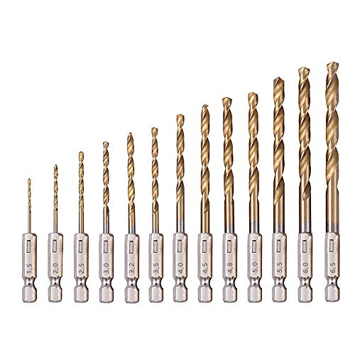 Saipor 13 Stück Spiralbohrer Titanium Coated HSS Spiralbohrer Set 1/4" Sechskantschaft Bohrer Set für Akkuschrauber (1,5-6,5mm) von Saipor