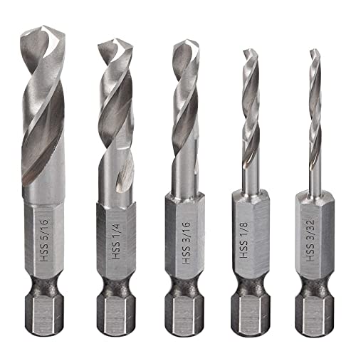 Saipor 5 Stück 1/4" Schnellwechsel Sechskantschaft Metallbohrer Kurzer Bohrer Satz HSS M2 für Winkelaufsatz und Verwendung in Enge Räume, 3/32, 1/8, 3/16, 1/4, 5/16 Zoll von Saipor