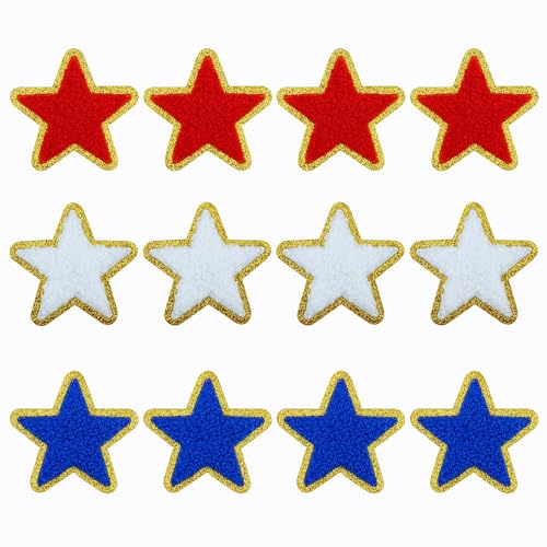 SaktopDeco 12 Stück Stern-Flicken in Rot, Weiß, Blau, patriotischer Stern, zum Aufbügeln, goldener Rand, Chenille für DIY-Kleidungsdekoration SaktopDeco 12 Stück Stern-Flicken in Rot, Weiß, Blau, patriotischer Stern, zum Aufbügeln, goldener Rand, Chenille für DIY-Kleidungsdekoration von SaktopDeco