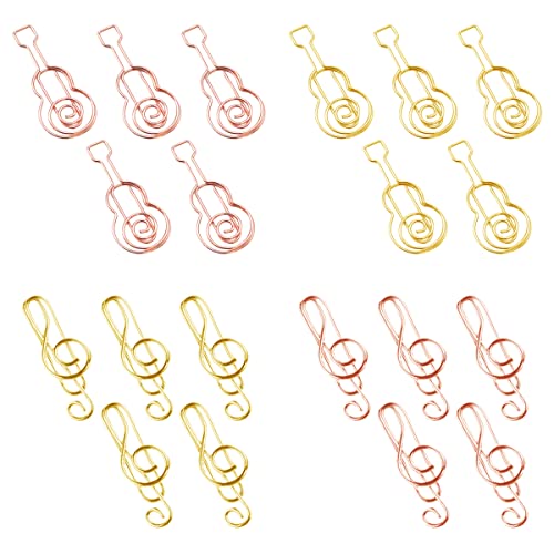 SamHeng 20 Stück Musik Büroklammern, Musiknoten Gitarren Geformt Metall Papierklammern Lesezeichen Memo Clips Paperklammern für Büro Schule Schreibwaren Dokument Organisation (Gold & Roségold) von SamHeng