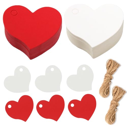 SamHeng 200 Stück Herz Geschenkanhänger Kraftpapier 4,5cm Anhänger Etiketten Tags Beschriften Papieranhänger Preisschild mit Jute Schnur für Hochzeit Party Jubiläum Dankeschön (Rot & Weiß) von SamHeng