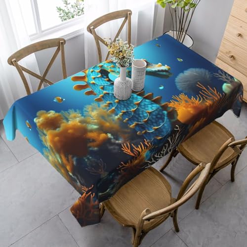 SamLng Rechteckige Tischdecke mit blauem Seepferdchen-Druck, waschbar, klassische Küchendekoration für Esstisch, Tischplatte und Party-Tischdecken von SamLng