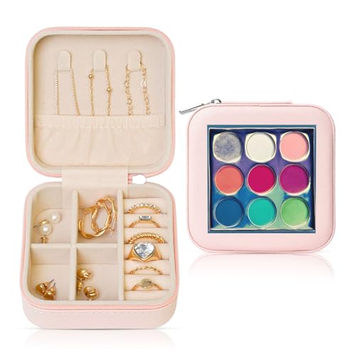Schmuckschatulle aus Leder, quadratisch, tragbar, runde Farbpalette, Druckaufbewahrung für Frauen, ideales Geburtstags- und Valentinstagsgeschenk von SamLng