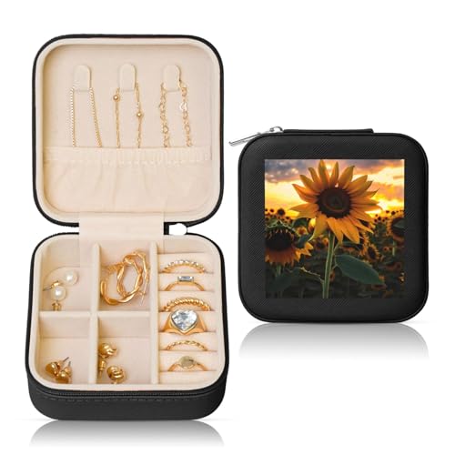 Schwarze quadratische Leder-Schmuckschatulle – tragbare Bauernhof-Sonnenblumen-Aufdruck-Aufbewahrung für Frauen, ideales Geburtstags- und Valentinstagsgeschenk Schwarze quadratische Leder-Schmuckschatulle – tragbare Bauernhof-Sonnenblumen-Aufdruck-Aufbewahrung für Frauen, ideales Geburtstags- und Valentinstagsgeschenk von SamLng