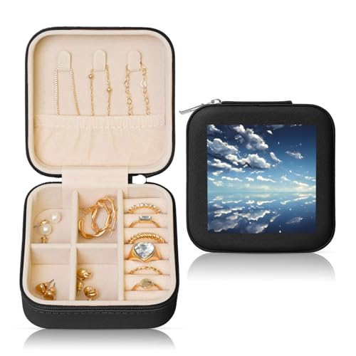 Schwarze quadratische Leder-Schmuckschatulle – tragbare blaue Himmel und weiße Wolken für Frauen, ideales Geburtstags- und Valentinstagsgeschenk von SamLng