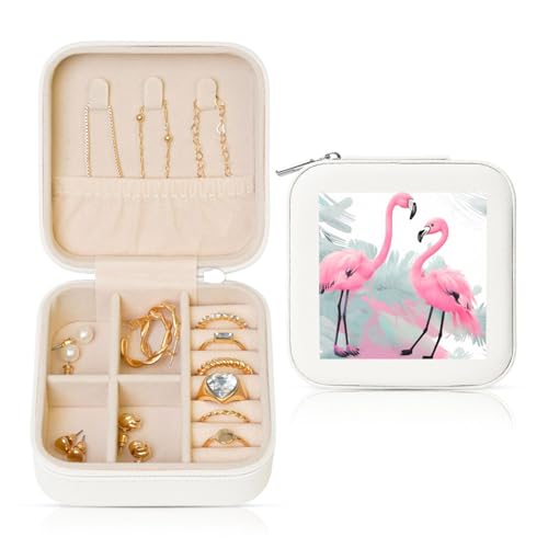 Weiße quadratische Leder-Schmuckschatulle – tragbare rosa Flamingo-Druck-Aufbewahrung für Frauen, ideales Geburtstags- und Valentinstagsgeschenk von SamLng