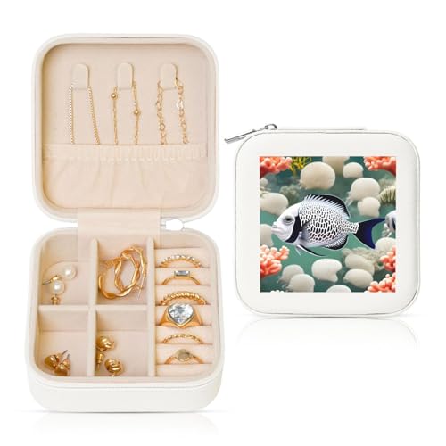 Weiße quadratische Leder-Schmuckschatulle – tragbare weiße tropische Fisch-Druck-Aufbewahrung für Frauen, ideales Geburtstags- und Valentinstagsgeschenk Weiße quadratische Leder-Schmuckschatulle – tragbare weiße tropische Fisch-Druck-Aufbewahrung für Frauen, ideales Geburtstags- und Valentinstagsgeschenk von SamLng