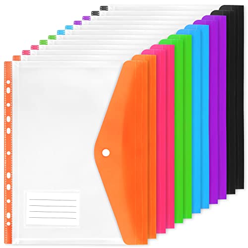 Samione Dokumententasche A4, 12 Stück Erweiterbare Lochtaschen Dokumenten Mappen,6 Farben Premium Transparent Dokumententasche mit Druckknopf von Samione