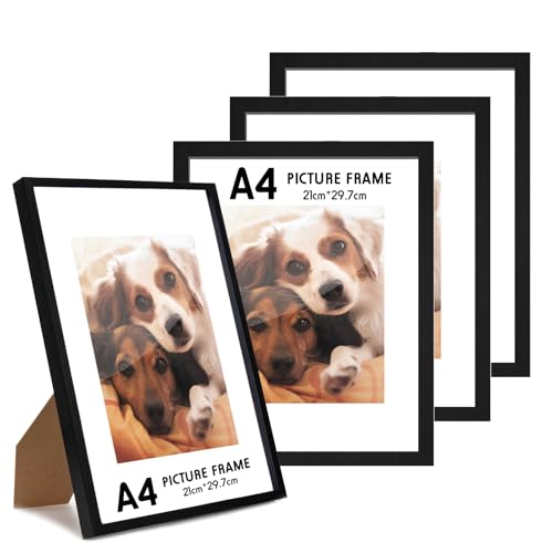 4er Set Bilderrahmen A4 Holzrahmen Holz, Holz-Bilderrahmen A4, Schwarz Fotorahmen, Wand Bilderrahmen Moderner Fotorahmen, Bilderrahmens a4 Schwarz mit Passepartout für Fotos Poster, 21 x 29,7 cm von Samlonge