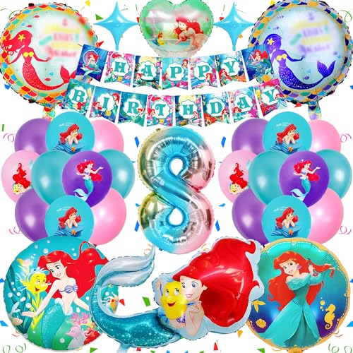 Sammelalbum Meerjungfrau Geburtstag Deko 8 Jahre, 30 Stück Ariell die Meerjungfrau Themed Mädchen Geburtstagsparty Set, Luftballons Kindergeburtstag mit Cartoon Muster, mit 3D Folienballon Girlanden von Sammelalbum