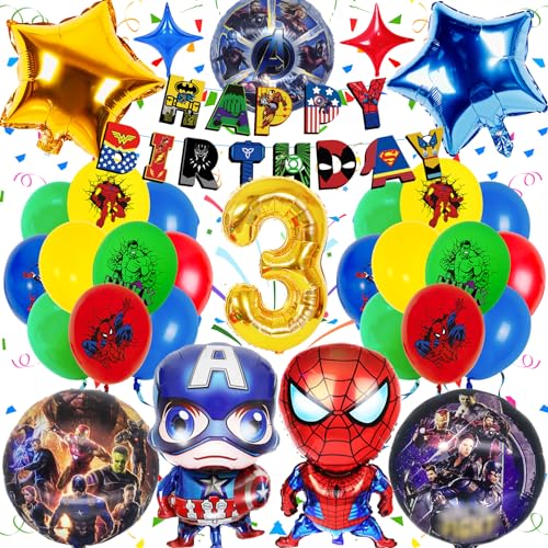 Sammelalbum Superheld Geburtstagsdeko 3 Jahre, 31 Stück Avenger Geburtstagsdeko Set, Marve Ballons Geburtstagsdeko, Superheld Party Luftballons Dekoration mit 3D Folienballon Girlanden von Sammelalbum