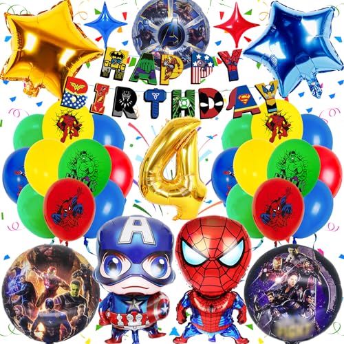 Sammelalbum Superheld Geburtstagsdeko 4 Jahre, 31 Stück Avenger Geburtstagsdeko Set, Marve Ballons Geburtstagsdeko, Superheld Party Luftballons Dekoration mit 3D Folienballon Girlanden von Sammelalbum