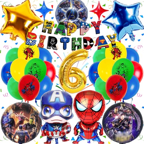 Sammelalbum Superheld Geburtstagsdeko 6 Jahre, 31 Stück Avenger Geburtstagsdeko Set, Marve Ballons Geburtstagsdeko, Superheld Party Luftballons Dekoration mit 3D Folienballon Girlanden von Sammelalbum