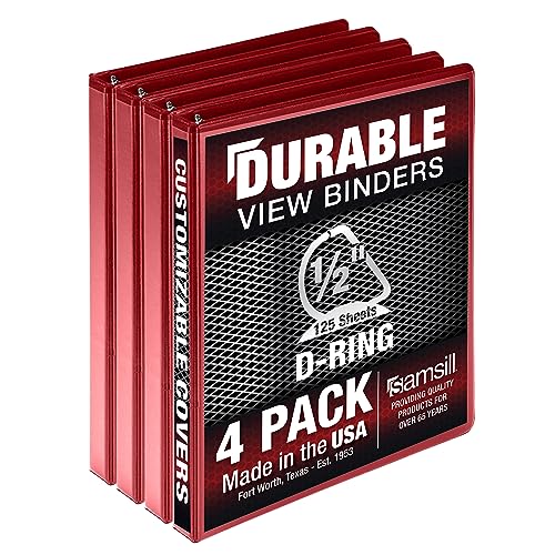 Samsill Durable 1,3 cm Ordner, hergestellt in den USA, D-Ringbuch, anpassbarer transparenter Ordner, rot, 4 Stück, je 125 Seiten von Samsill