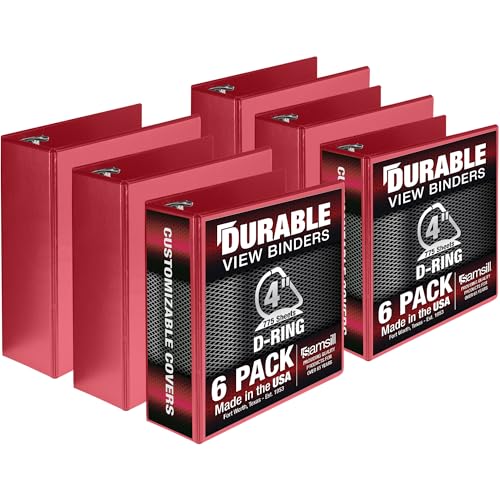 Samsill Durable 10,2 cm Ordner, hergestellt in den USA, verschließbarer D-Ringordner, anpassbarer, klarer Einband, rot, 6 Stück, für 775 Seiten Samsill Durable 10,2 cm Ordner, hergestellt in den USA, verschließbarer D-Ringordner, anpassbarer, klarer Einband, rot, 6 Stück, für 775 Seiten von Samsill