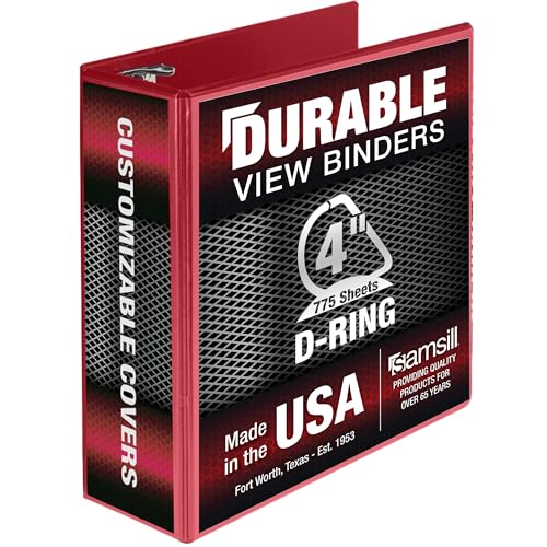 Samsill Durable 10,2 cm Ordner, hergestellt in den USA, verschließbarer D-Ringordner, anpassbarer, klarer Einband, rot, für 775 Seiten von Samsill