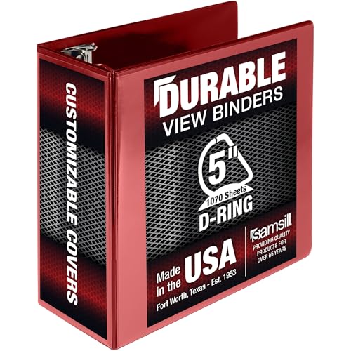 Samsill Durable 12,7 cm Ordner, hergestellt in den USA, D-Ringbuch, anpassbarer Klarsichtdeckel, rot, für 1050 Seiten von Samsill