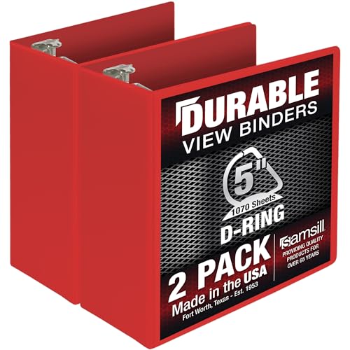 Samsill Durable 12,7 cm Ordner, hergestellt in den USA, D-Ringordner, anpassbarer, transparenter Einband, Rot, 2 Stück, je 755 Seiten von Samsill
