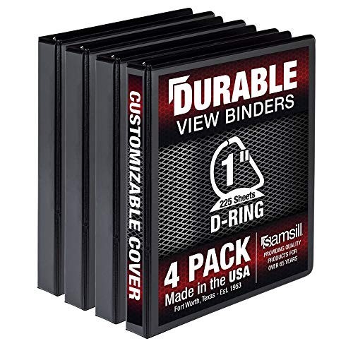 Samsill Durable 2,5 cm Ordner, hergestellt in den USA, D-Ringbuch, anpassbarer Klarsichtdeckel, schwarz, 4 Stück, je 225 Seiten von Samsill