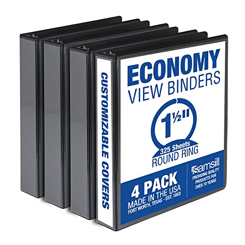 Samsill Economy MP48550 3-Ringbuch, hergestellt in den USA, runder Ringbuch, anpassbarer Klarsichtdeckel, schwarz, 4 Stück von Samsill