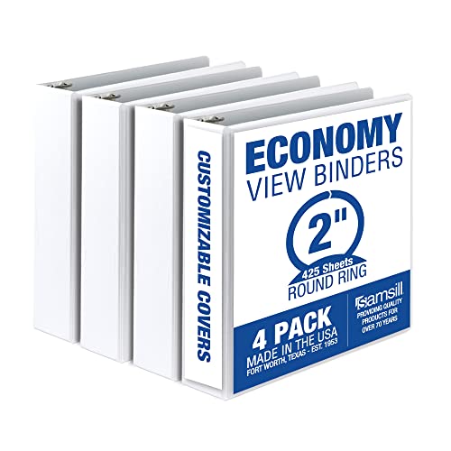 Samsill Economy MP48567 Ringbuch, 5,1 cm, 3-Ringbuch, hergestellt in den USA, runder Ringordner, anpassbarer Klarsichtdeckel, Weiß, 4 Stück von Samsill