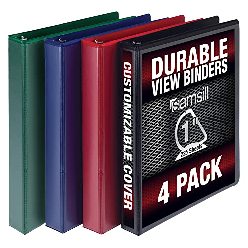 Samsill Robustes 3-Ringbuch hergestellt in den USA, 2,5 cm D-Ringbuch, hält 225 Blatt, anpassbarer Clear View Cover, sortiert, 4 Stück (MP46409) von Samsill
