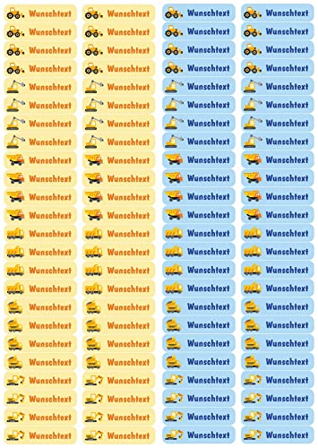 Samunshi® 96 personalisierte Namensaufkleber für Kinder 52x12 mm für Stifte Hefte Bücher Schulanfang Aufkleber Sticker Schule Kindergarten Bagger LKW Kran 96x 5,2x1,2cm Bagger LKW Kran von Samunshi