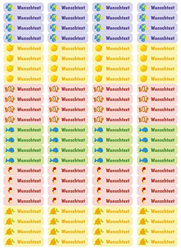 Samunshi® 96 personalisierte Namensaufkleber für Kinder 52x12 mm für Stifte Hefte Bücher Schulanfang Aufkleber Sticker Schule Kindergarten Bunte Fische 96x 5,2x1,2cm Bunte Fische von Samunshi