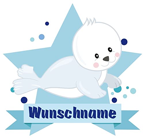 Samunshi® Baby Robbe Wandtattoo Türschild mit Name personalisierbar Kinderzimmer Türaufkleber Baby Wandaufkleber - 40x35cm mehrfarbig von Samunshi